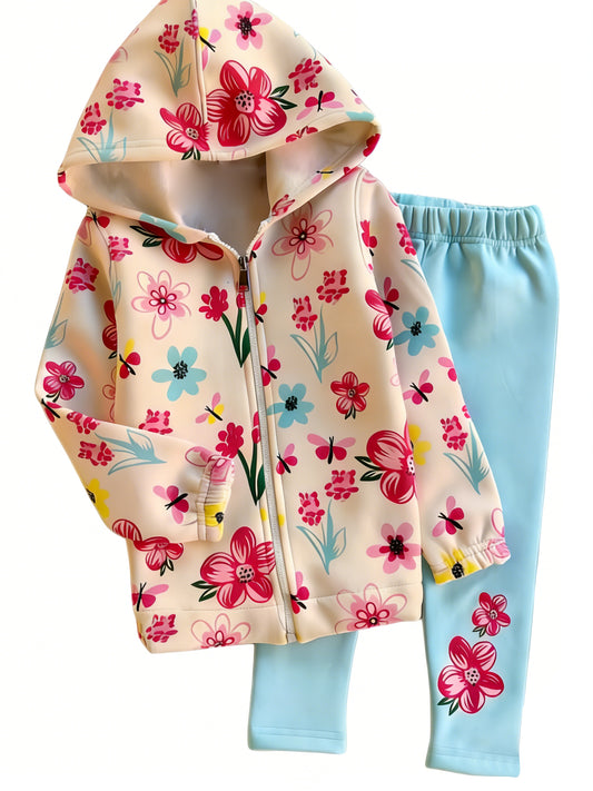 preorder GLP3284 Pink Flowers Hoodie Zipper Long Sleeve Coat Blue Pants Girls Set