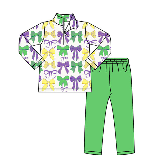 preorder GLP3288 Mardi Gras Bows Zipper Long Sleeve Green Pants Girls Set