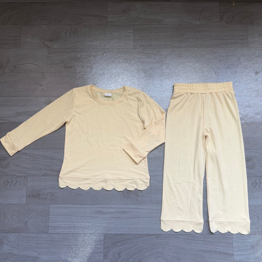 preorder Samples GLP3293 Light Yellow Scallop Long Sleeve Pants Girls Set