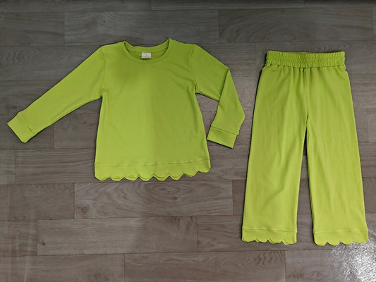 preorder Samples GLP3296 Green Scallop Long Sleeve Pants Girls Set