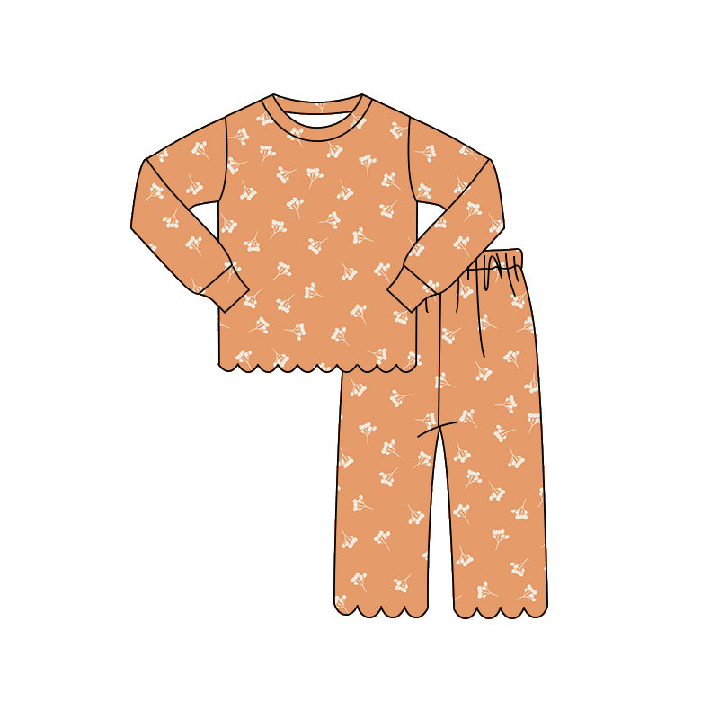 preorder GLP3299 Scallop Flowers Orange Long Sleeve Pants Girls Set