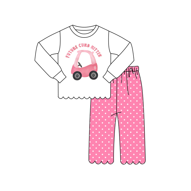 preorder GLP3304 Scallop Future Curb Hitter Long Sleeve Hot Pink Dot pants Girls Set