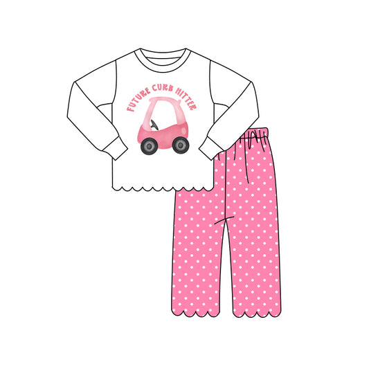 preorder GLP3304 Scallop Future Curb Hitter Long Sleeve Hot Pink Dot pants Girls Set