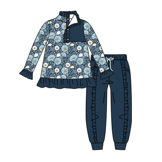 preorder GLP3313 Flowers Navy Blue Long Sleeve Pants Girls Set