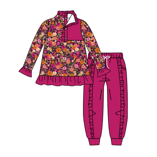 preorder GLP3314 Flowers Hot Pink Long Sleeve Pants Girls Set