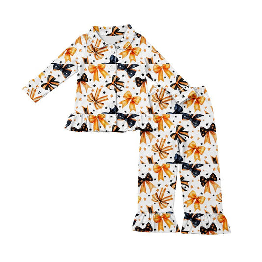 preorder GLP3318 Halloween Orange Black Bows Long Sleeve Pants Girls Pajamas