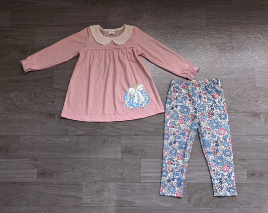 preorder Samples GLP3319 Autumn Pumpkin Pink Long Sleeve Blue Flowers Pants Girls Set