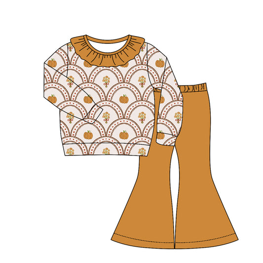 preorder GLP3326 Pumpkin Flowers Orange Long Sleeve Pants Girls Set