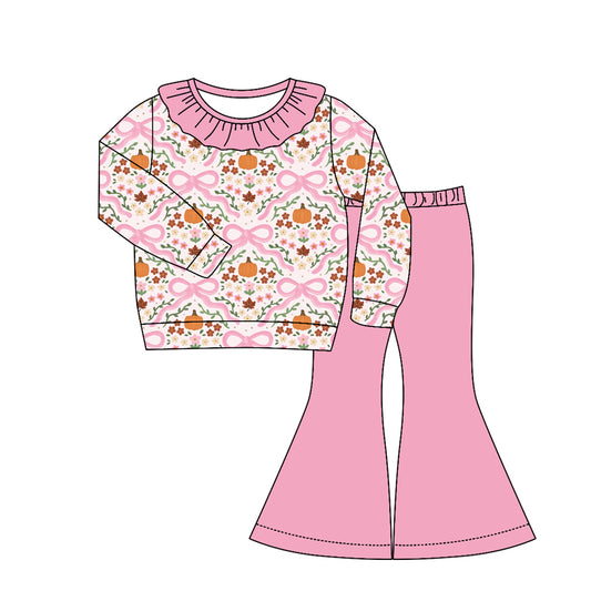 preorder GLP3327 Pumpkin Bows Pink Long Sleeve Pants Girls Set