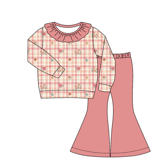preorder GLP3328 Flowers Checkered Pink Long Sleeve Pants Girls Set