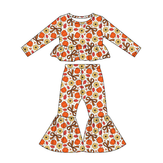 preorder GLP3341 Pumpkin Bows Flowers Long Sleeve Pants Girls Set