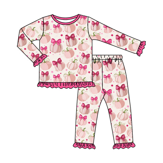 preorder GLP3345 Pumpkin Hot Pink Bows Long Sleeve Pants Girls Set