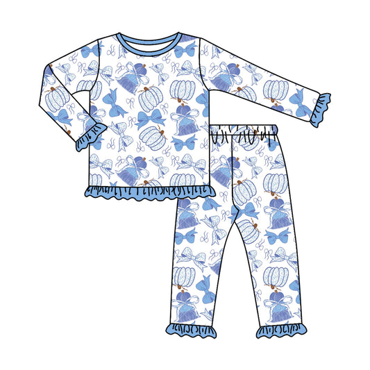 preorder GLP3349 Pumpkin Bows Blue Long Sleeve Pants Girls Set