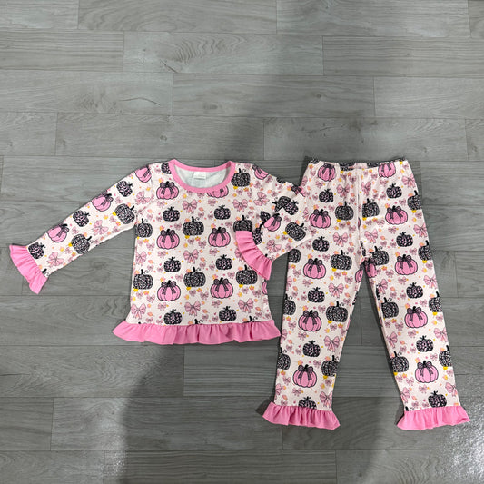 preorder Samples GLP3350 Pumpkin Bows Pink Long Sleeve Pants Girls Set