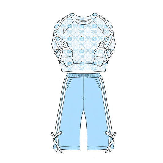 preorder GLP3351 Blue Pumpkin Bows Long Sleeve Pants Girls Set