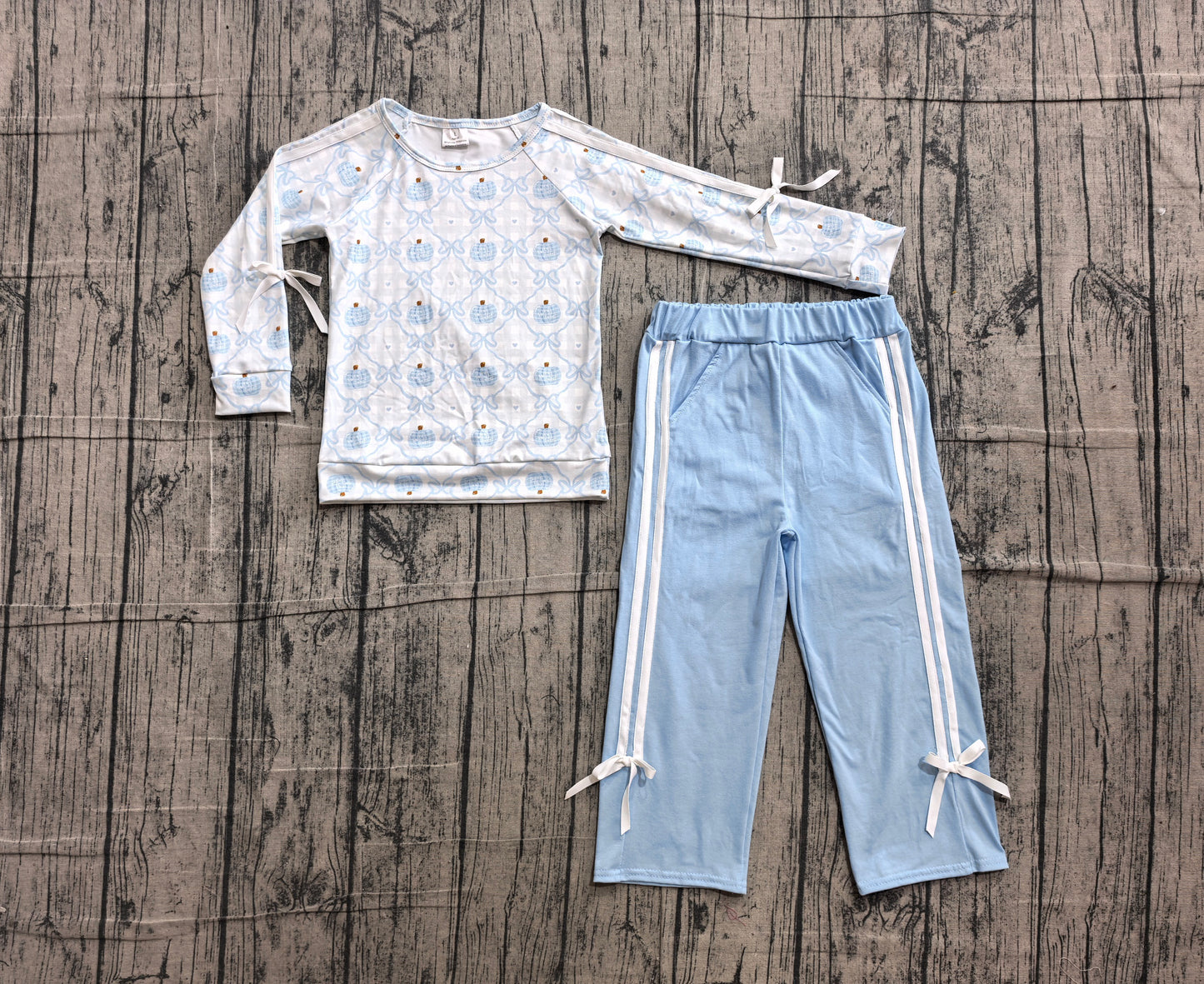 preorder Samples GLP3351 Blue Pumpkin Bows Long Sleeve Pants Girls Set