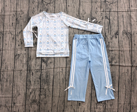 preorder Samples GLP3351 Blue Pumpkin Bows Long Sleeve Pants Girls Set