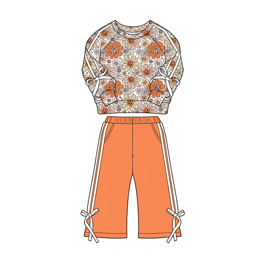 preorder GLP3352 Flowers Orange Bows Long Sleeve Pants Girls Set