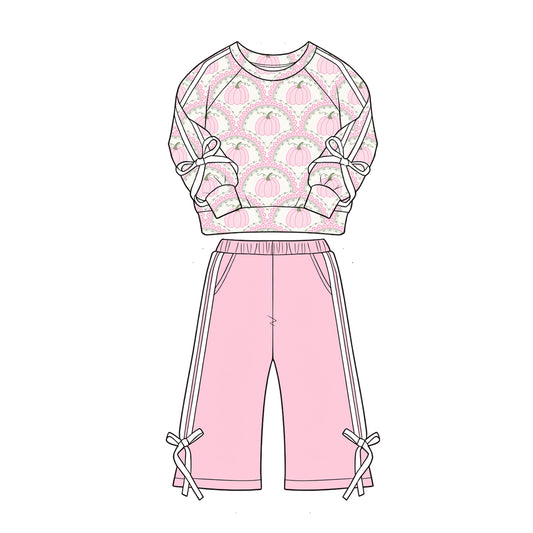 preorder GLP33524 Pumpkin Flowers Bows Pink Long Sleeve Pants Girls Set