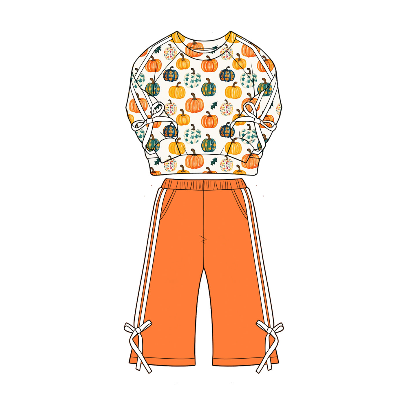 preorder GLP33525 Pumpkin Flowers Bows Orange Long Sleeve Pants Girls Set
