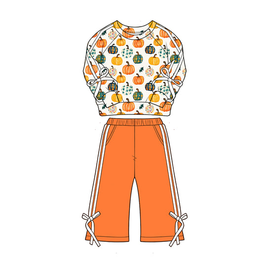 preorder GLP33525 Pumpkin Flowers Bows Orange Long Sleeve Pants Girls Set