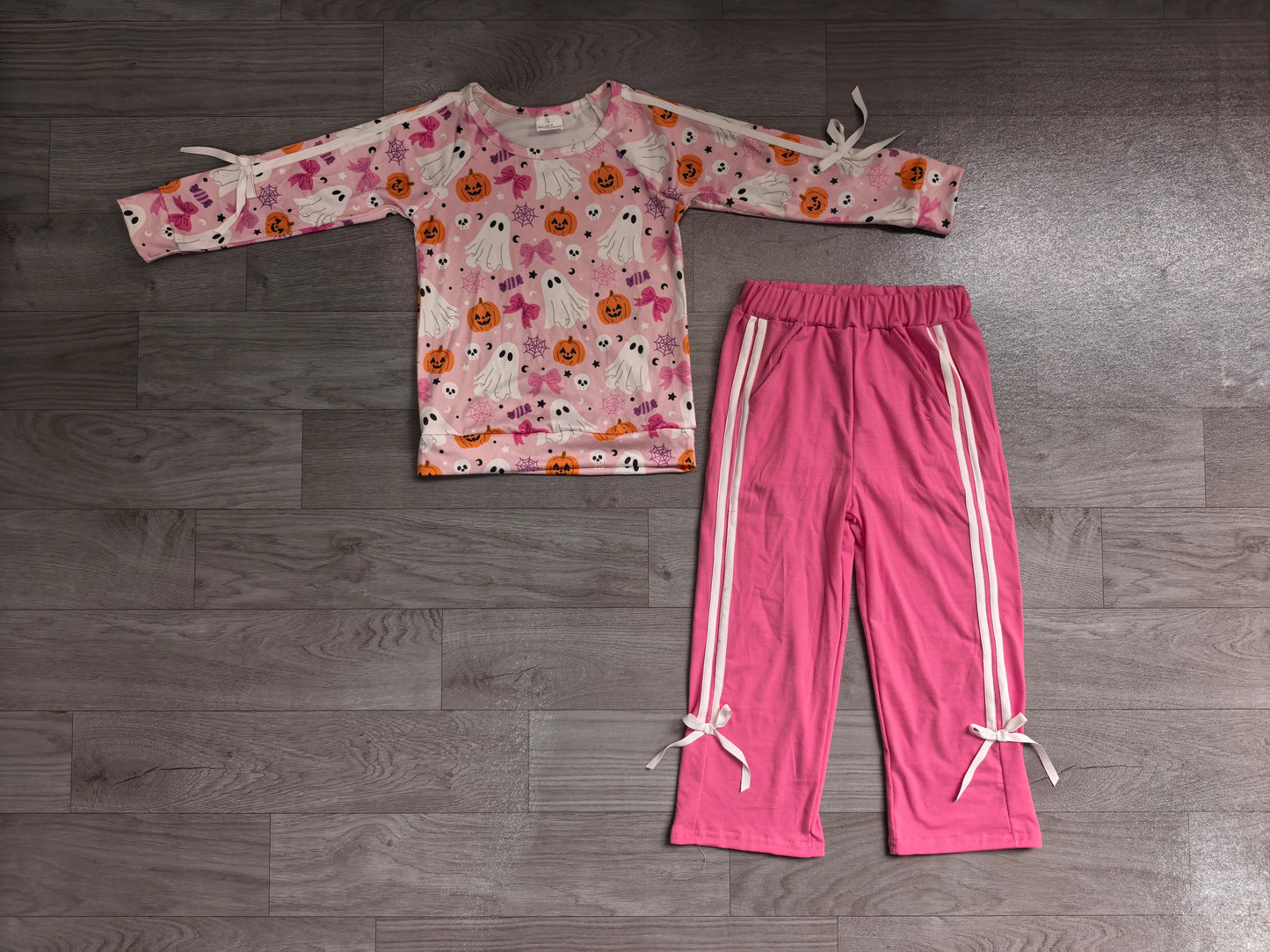 preorder Samples GLP3356 Halloween Spooky Pumpkin Bows Long Sleeve Green Pants Girls Set