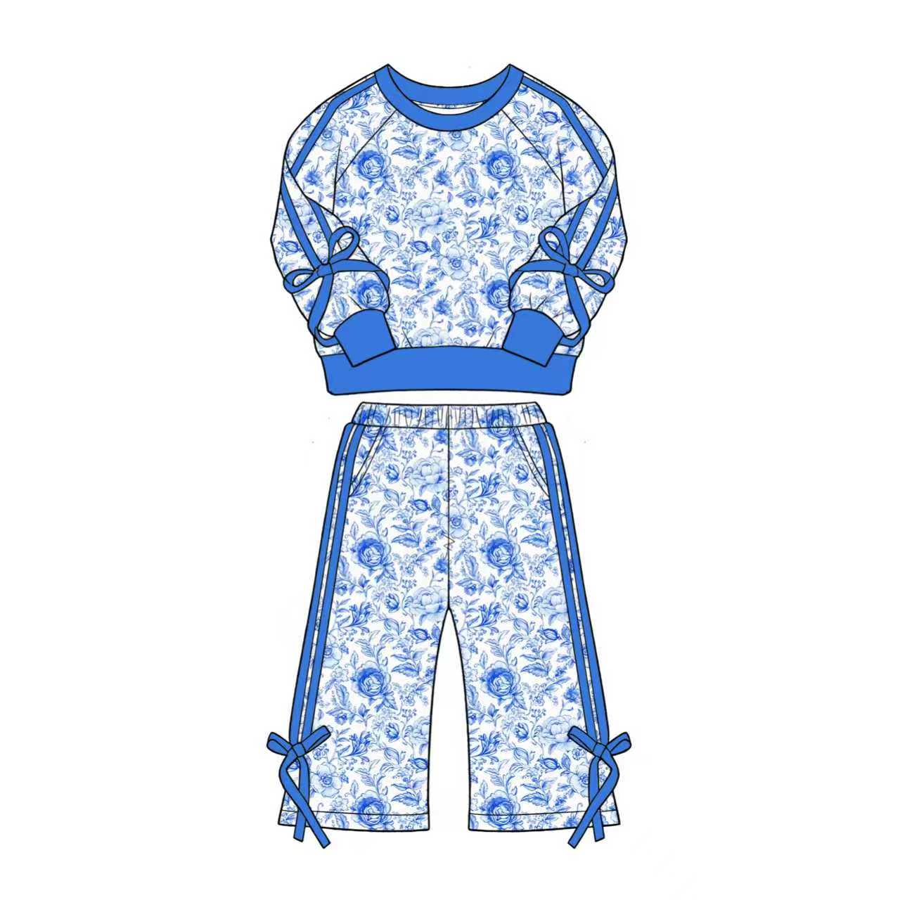 preorder GLP3364 Blue Flowers Bows Long Sleeve Pants Girls Set
