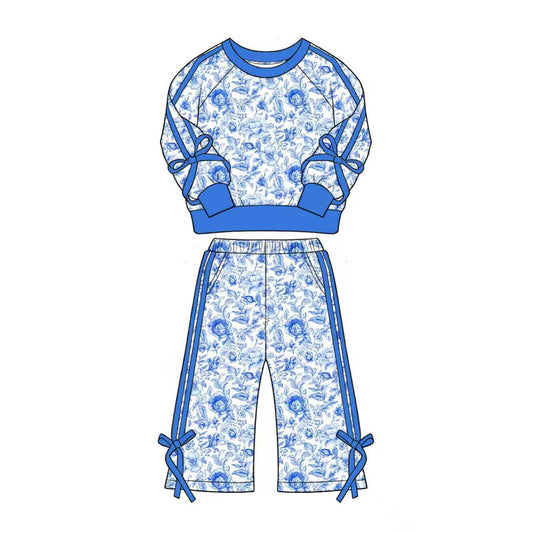 preorder GLP3364 Blue Flowers Bows Long Sleeve Pants Girls Set