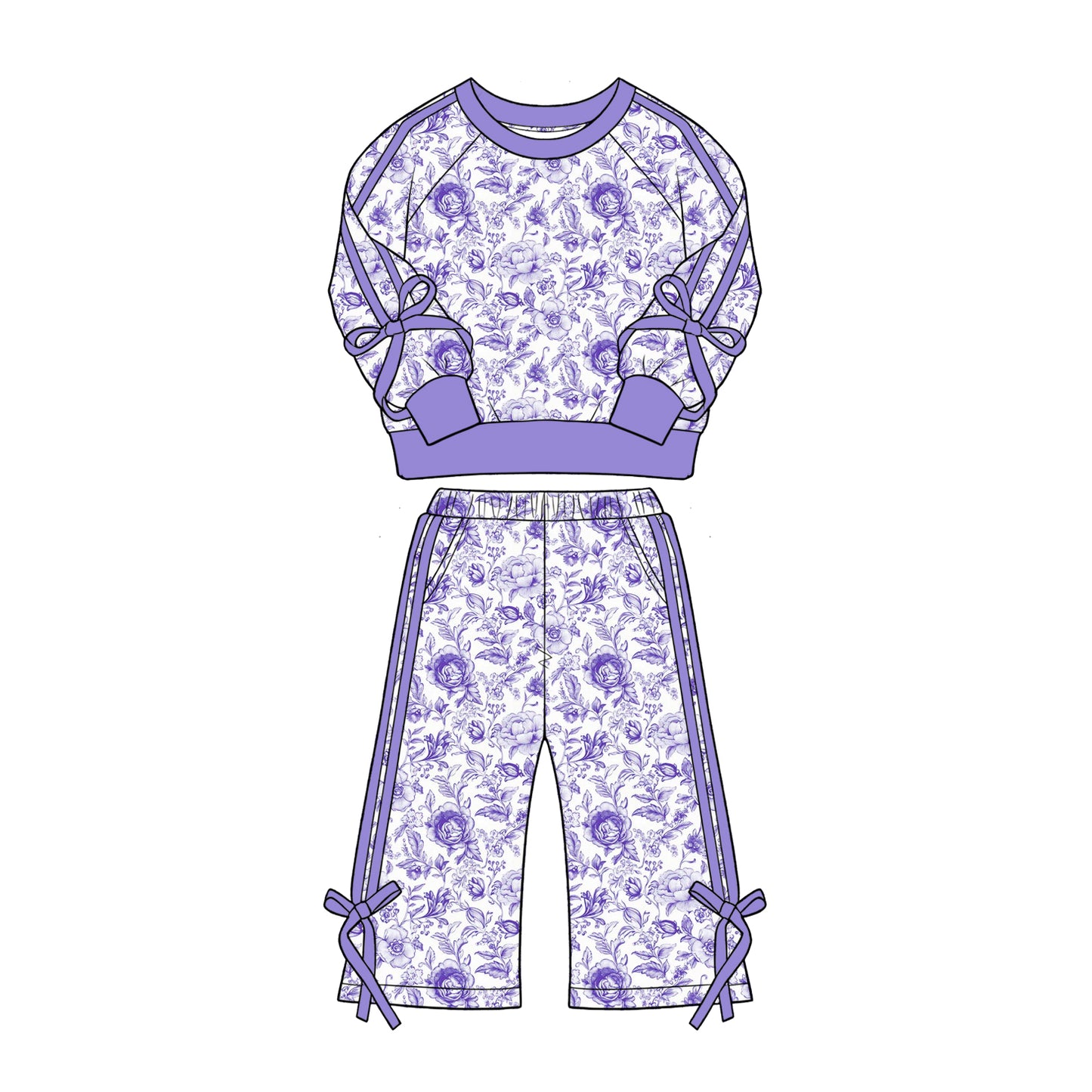 preorder GLP3365 Purple Flowers Bows Long Sleeve Pants Girls Set