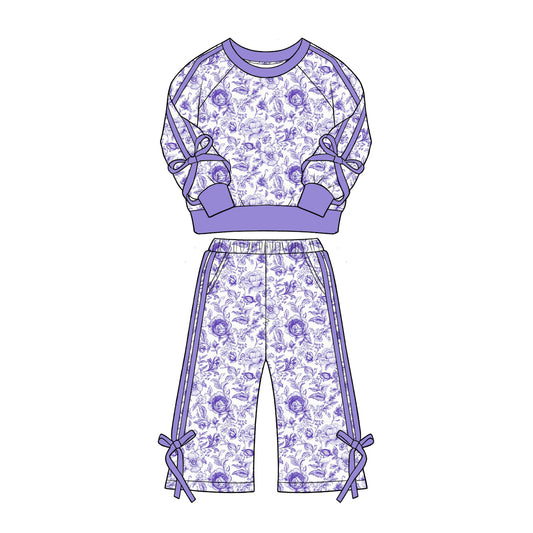 preorder GLP3365 Purple Flowers Bows Long Sleeve Pants Girls Set