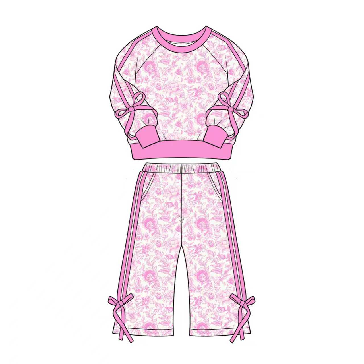preorder GLP3366 Pink Flowers Bows Long Sleeve Pants Girls Set