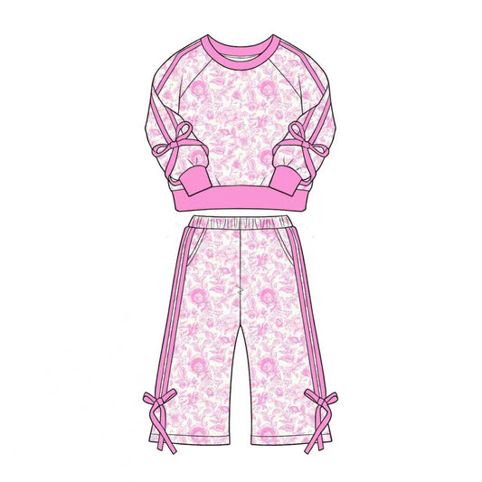 preorder GLP3366 Pink Flowers Bows Long Sleeve Pants Girls Set