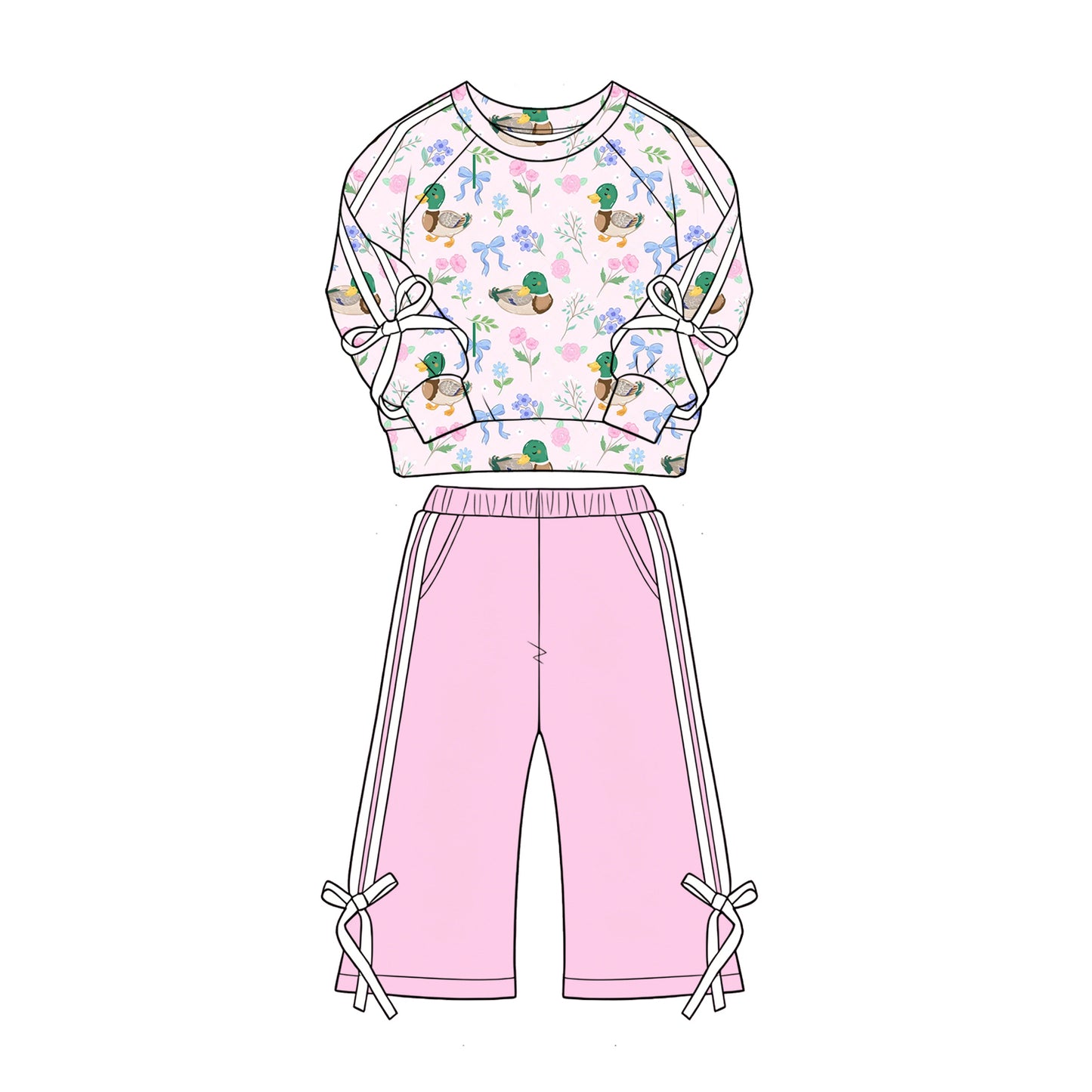 preorder GLP3367 Hunting Mallard Duck Bows Long Sleeve Pink Pants Girls Set