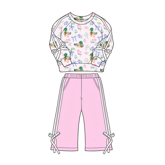 preorder GLP3367 Hunting Mallard Duck Bows Long Sleeve Pink Pants Girls Set