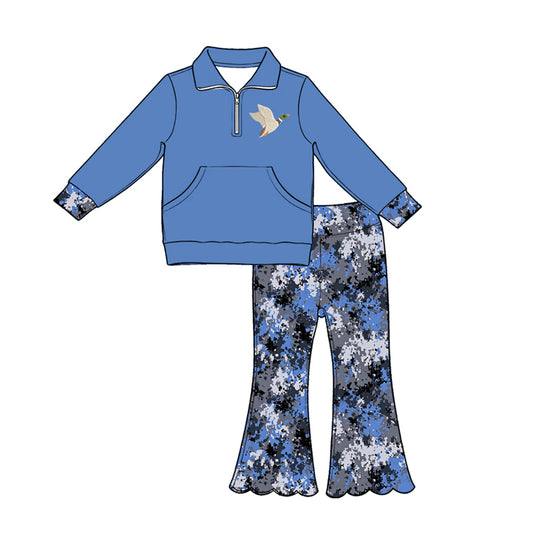 preorder GLP3368 Mallard Duck Navy Blue Pocket Zipper Long Sleeve Scallop Pants Girls Set
