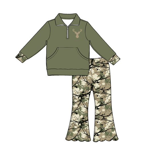 preorder GLP3369 Deer Green Pocket Zipper Long Sleeve Scallop Pants Girls Set