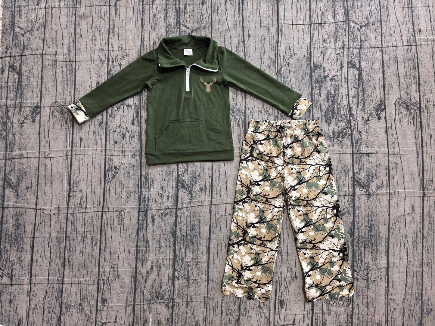 preorder Samples GLP3369 Deer Green Pocket Zipper Long Sleeve Scallop Pants Girls Set