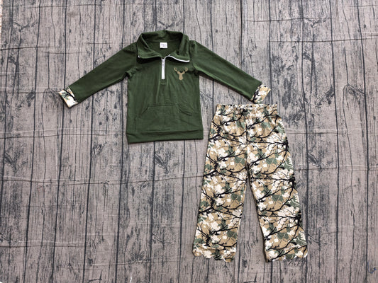 preorder Samples GLP3369 Deer Green Pocket Zipper Long Sleeve Scallop Pants Girls Set