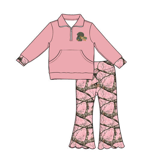 preorder GLP3370 Dog Mallard Duck Pink Pocket Zipper Long Sleeve Scallop Pants Girls Set