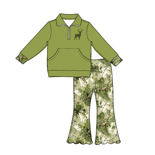 preorder GLP3371 Deer Green Pocket Zipper Long Sleeve Scallop Pants Girls Set