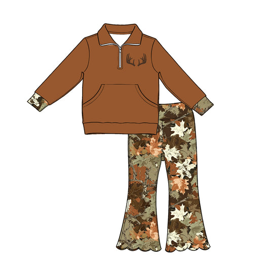 preorder GLP3372 Deer Brown Pocket Zipper Long Sleeve Scallop Pants Girls Set