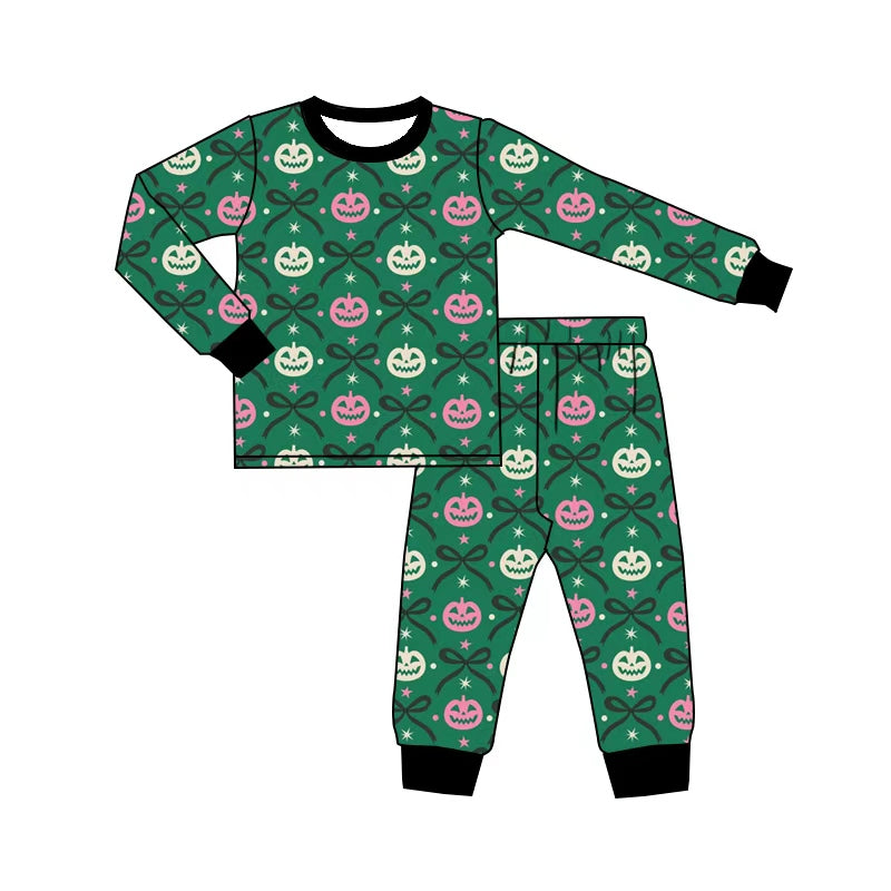preorder GLP3374 Halloween Pumpkin Bows Green Long Sleeve Pants Girls Pajamas