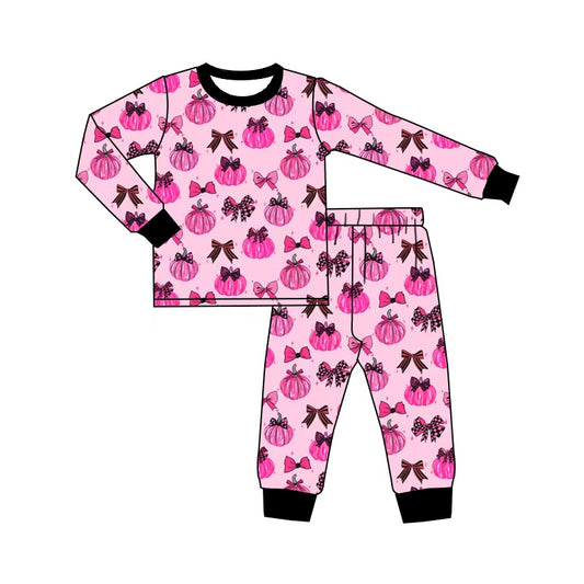 preorder GLP3375 Pumpkin Bows Hot Pink Long Sleeve Pants Girls Pajamas