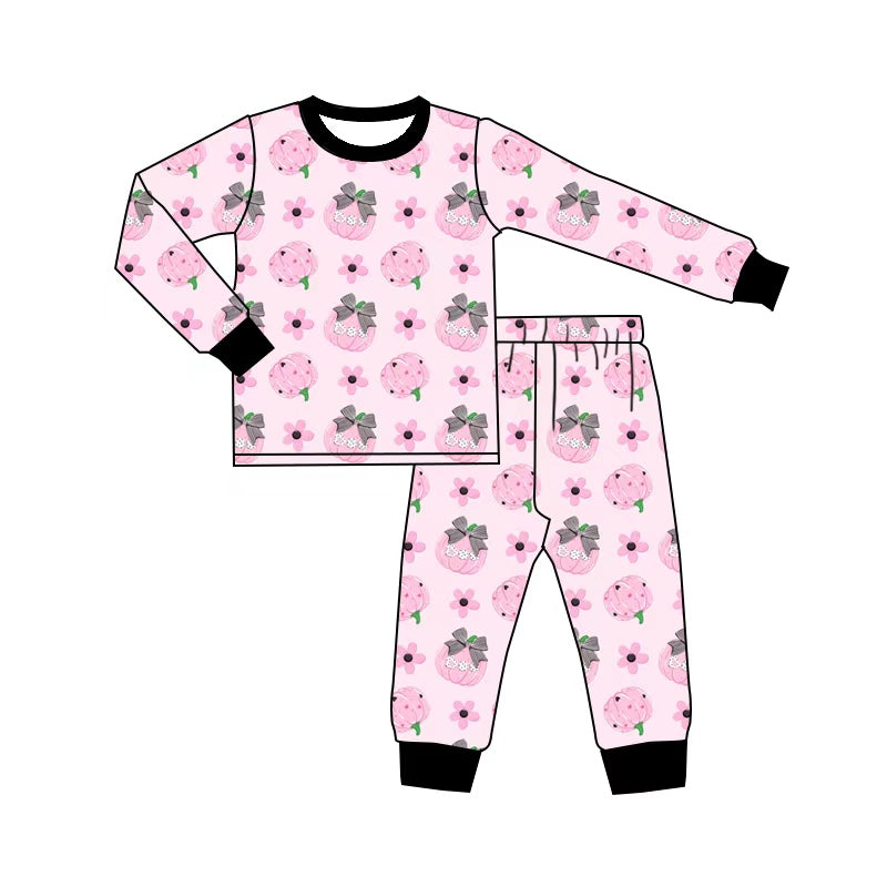 preorder GLP3376 Pumpkin Bows Pink Long Sleeve Pants Girls Pajamas