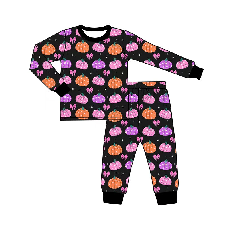 preorder GLP3377 Pumpkin Bows Hot Pink Long Sleeve Pants Girls Pajamas