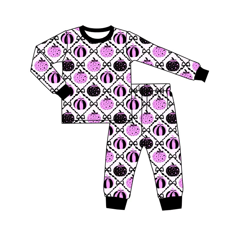 preorder GLP3379 Pumpkin Bows Black Pink Long Sleeve Pants Girls Pajamas