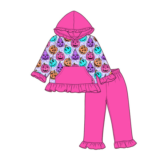 preorder GLP3382 Halloween Pumpkin Hot Pink Pocket Hoodie Long Sleeve Pants Girls Set
