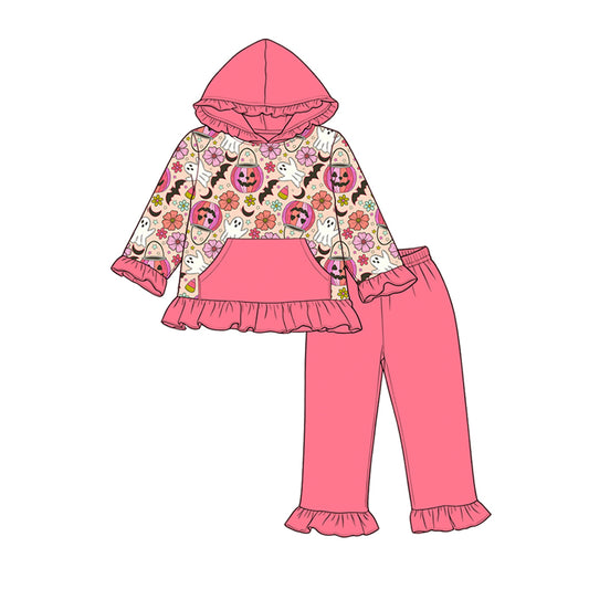 preorder GLP3383 Halloween Pumpkin Pink Pocket Hoodie Long Sleeve Pants Girls Set