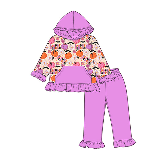 preorder GLP3384 Halloween Pumpkin Spooky Purple Pocket Hoodie Long Sleeve Pants Girls Set