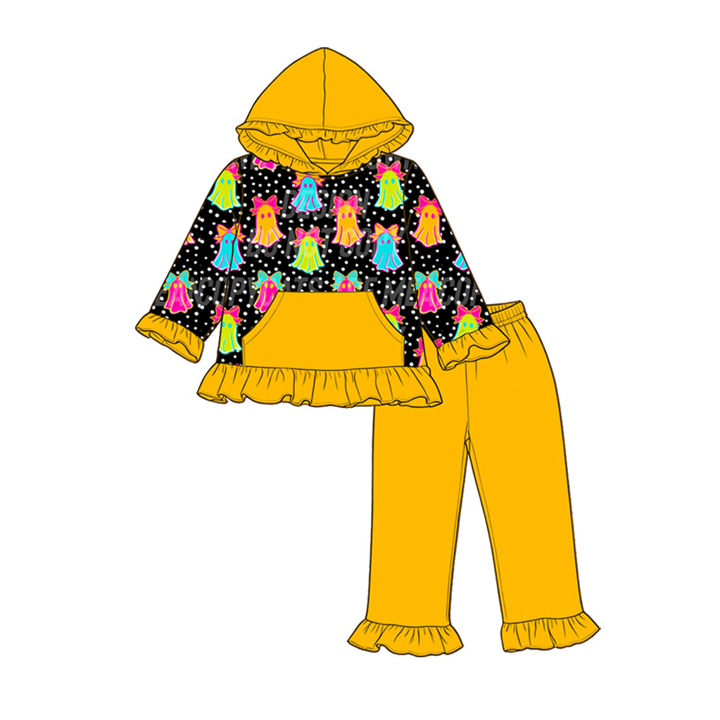 preorder GLP3385 Halloween Spooky Yellow  Pocket Hoodie Long Sleeve Pants Girls Set
